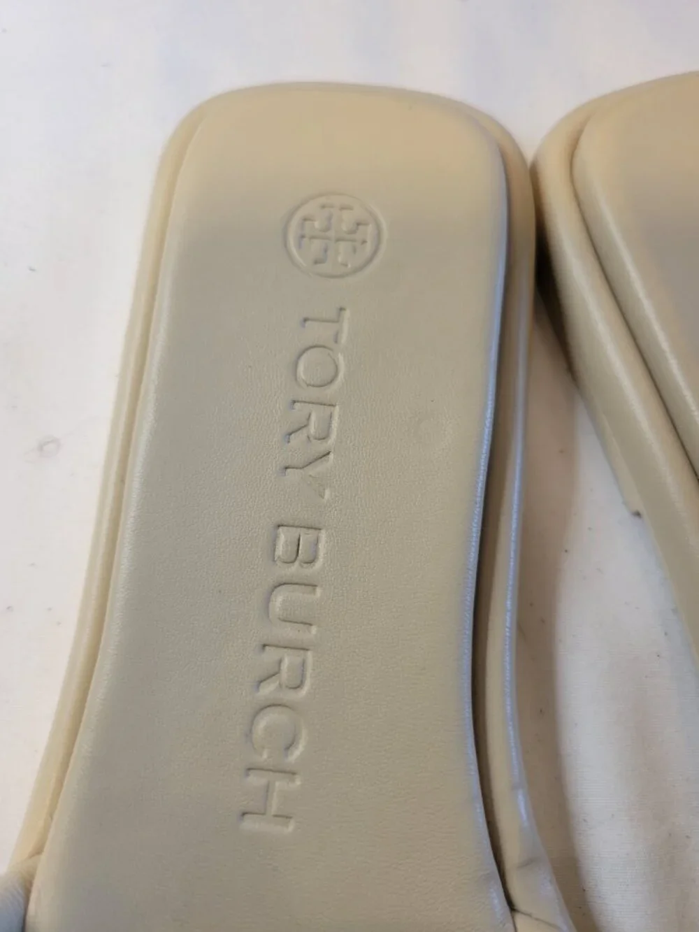 Tory Burch Double T Leather Slide Sandals Cream Beige Gold Logo Size 7